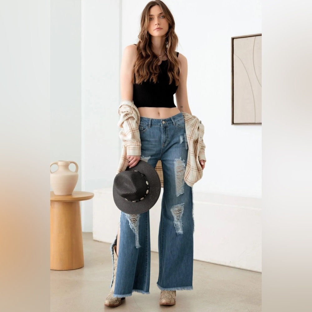Distressed Blue Wide Leg Side Slit Women's Denim Jeans - Picture 2 of 6